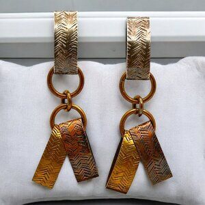 Vintage MB SF Brass & Sterling Silver Loop Dangle Earrings With Chevron Pattern